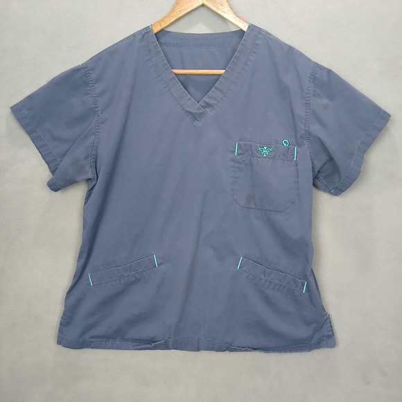 Couture Gypsy Tops - Couture Scrub Top Womens Medium Blue Cotton Embroidered Logo V Neck Medical